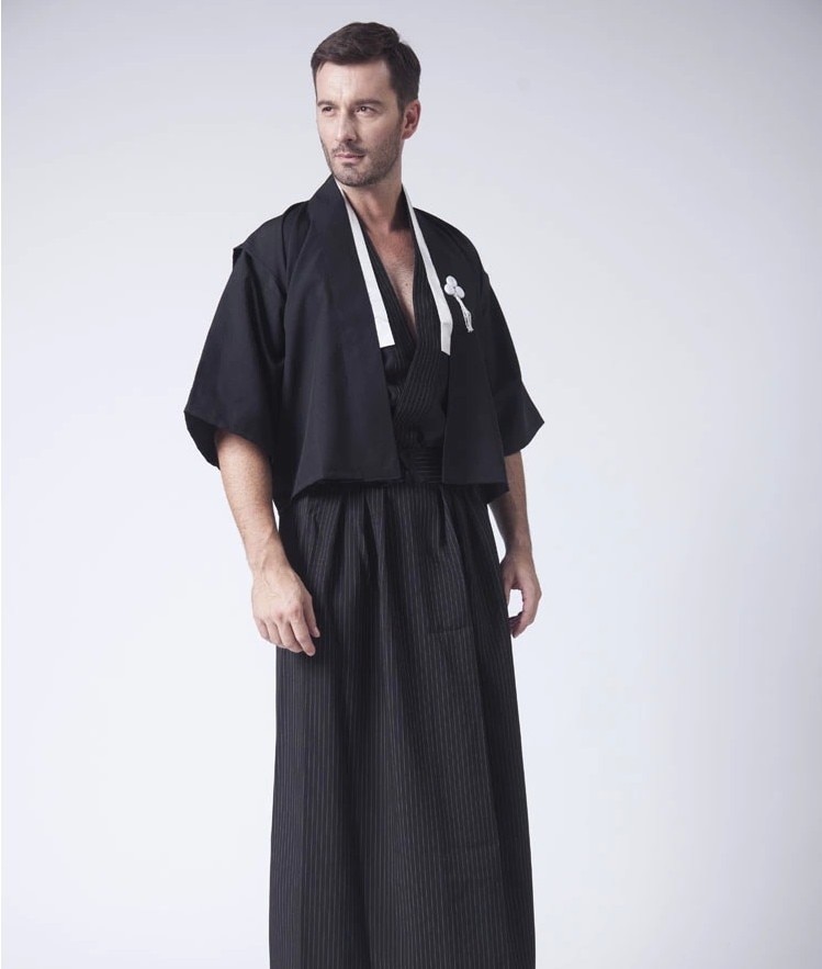 Vintage sort japansk mænds kriger kimono med obi traditionel yukata samurai tøj konvention kostume en størrelse