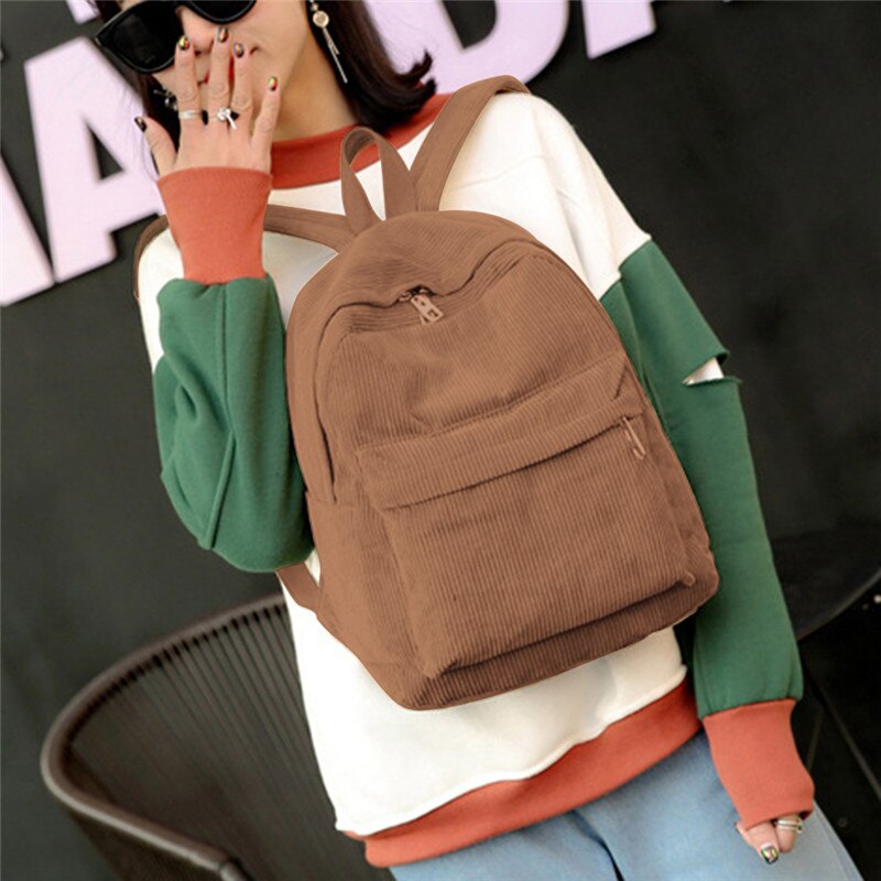Estilo de tecido macio mochila feminina veludo veludo mochila escolar para adolescente menina listrado: Khaki