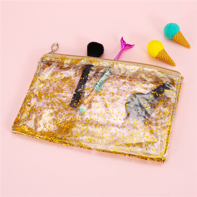 Transparent pvc-påse smink för kvinnor flyttade paljetter clutch handväska resor necessärer stor organisatör kosmetisk väska pennfodral