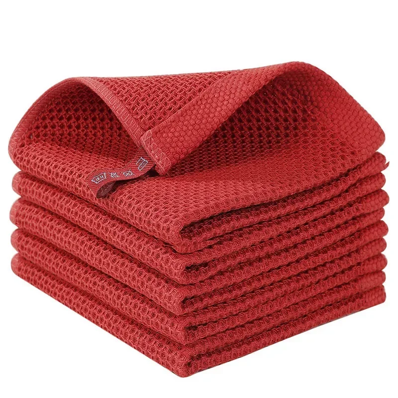 Torchon en coton nid d'abeille – Serviettes de cuisine super absorbantes, chiffons de lavage doux pour la vaisselle/visage/nettoyage: Rouge / 5 pièces