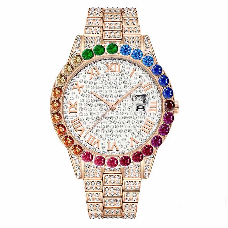 Reloj de oro arcoíris diamante para hombre, de lujo, oro de 18K, hecho a mano, de cuarzo y cristal de hielo: B1