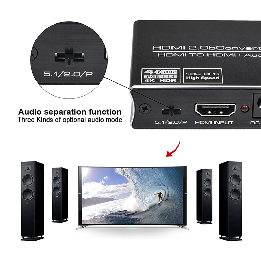4K*2K@60Hz HDMI-Compatible Splitter UHD HDMI-Compatible Audio Seperator Extractor Support SPDIF+R/L Analog Audio Out for TV PS4
