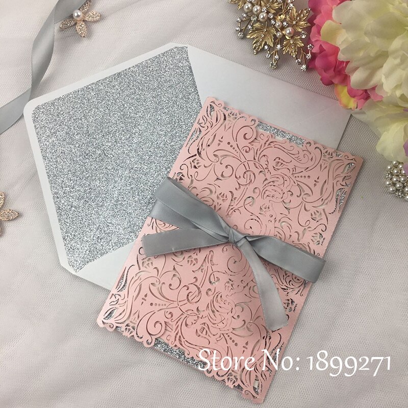 1full set flower light pink pearl wedding invitation card with gliter paper Recycled Arabic Wedding Greet thank you Card