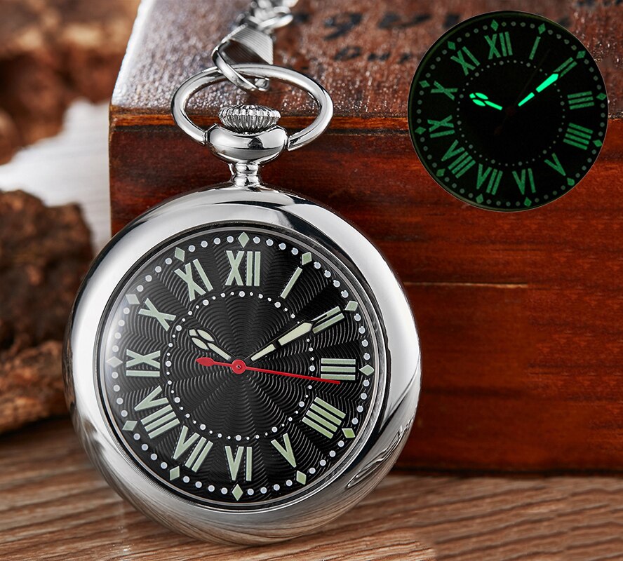 Luminous QUARTZ Pocket Watch for Men Women Black Sliver Gold Fob Chain Pendant Glows in Dark Night Green Light montre de poche