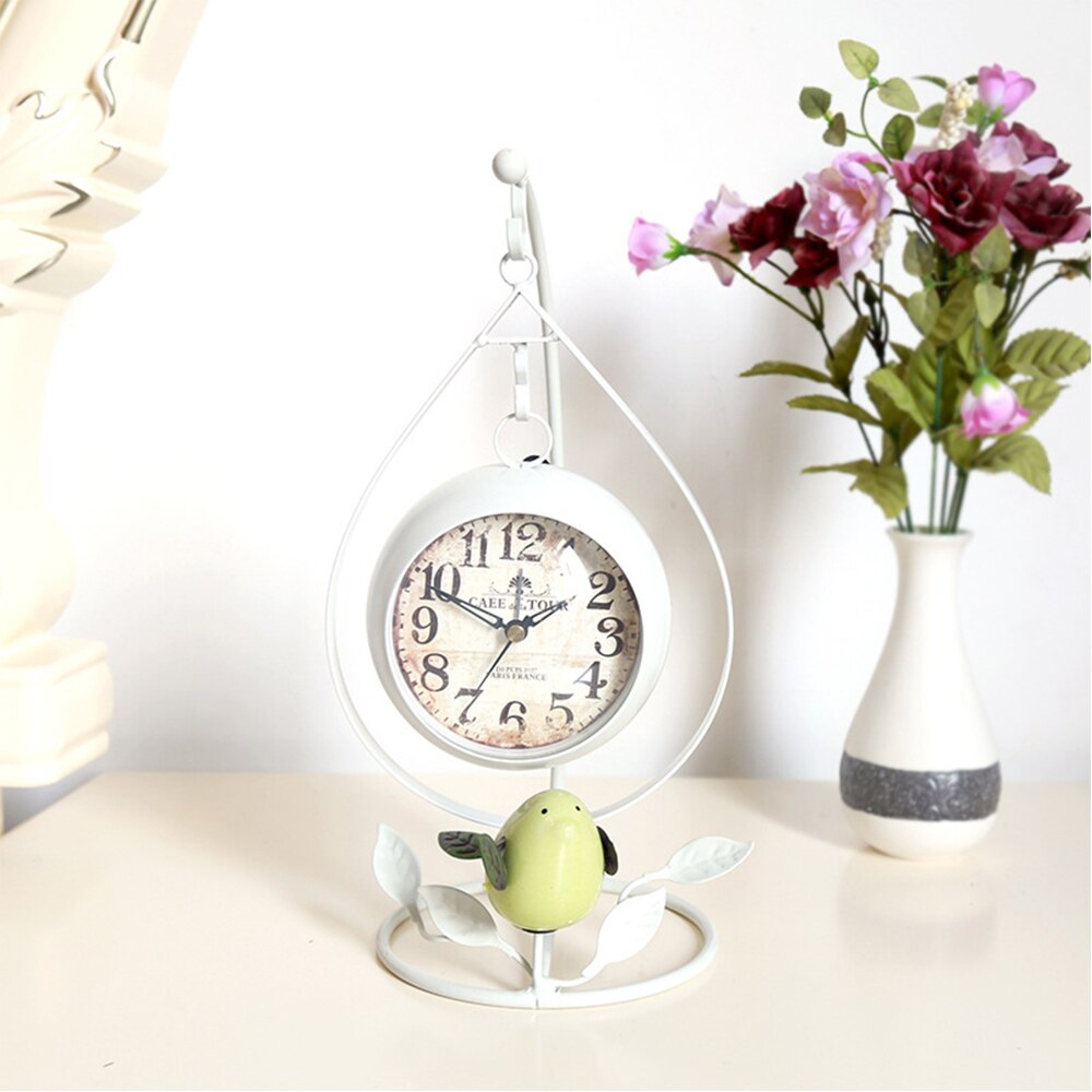 Silent Clock Retro Iron Art Alarm Clock Interior Clock Decor Handicrafts Bird Desk Clock Living Room Bedroom Clock: White