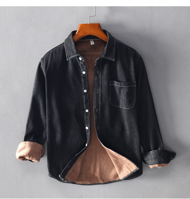 Winter Mens Distressed vintage long sleeve denim shirts fleece thick Mens lapel shirts male warm denim clothing
