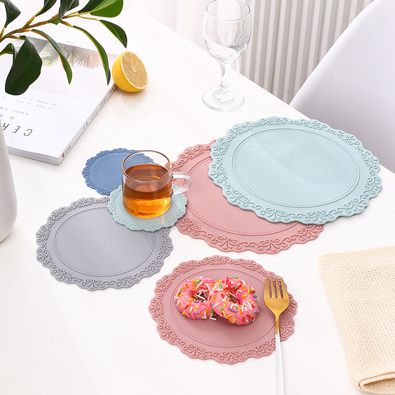 Dining Table Retro Embossed Craft Silicone Placemat European Style Lace Insulation Plate Mat Anti-scald Coaster Table Pads