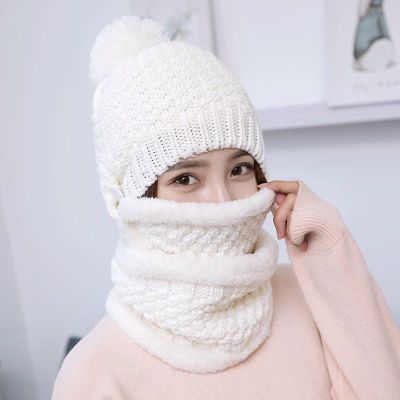 Gorro de lana de Pelo Liso para mujer, gorro de Cachemira de punto grueso y cálido, conjuntos de bufandas para exteriores, de invierno,: white