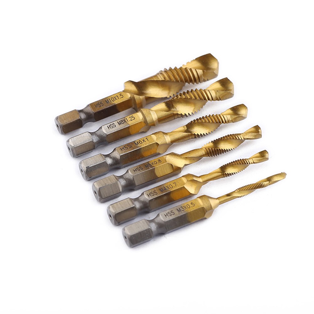 6pcs M3-M10 Hex Shank Titanium Plated HSS Screw Thread Metric Tap Drill Bit
