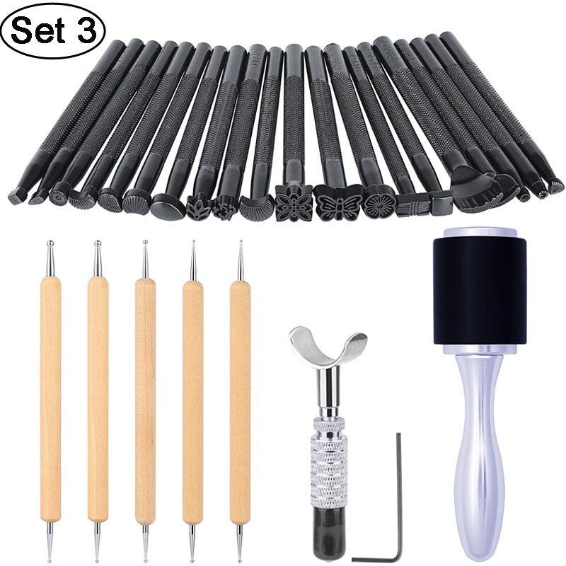 LMDZ Leather Craft Tools Kit Stitching Stamping Embossing Punch Saddle Groover Carving Hammer Set For Leather Working: Set 3 (27pcs)