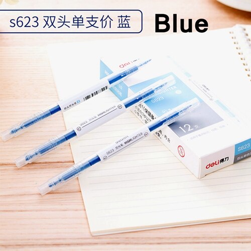 12PCS/BOX Deli S623 Double side Highlighters pen marker pen 6 colors Oblique & Round head double side highligters office school: Blue