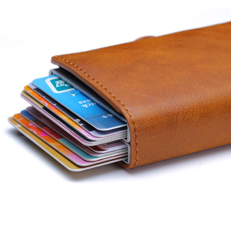 Dobbeltlag anti rfid mænd læder kreditkortholder metal id-kortholder aluminiumskortbeskyttelse mandlig rejsepung