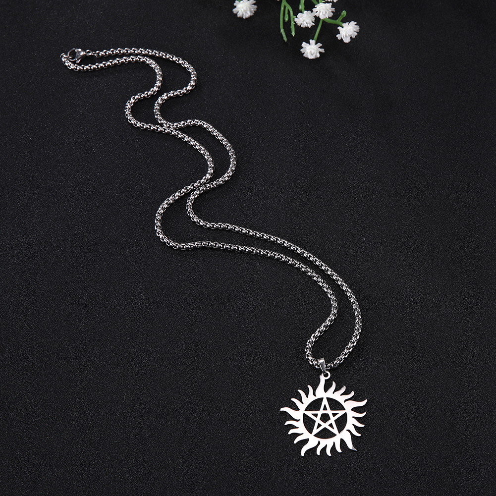 COOLTIME Supernatural Sun Pentagram Pendant Necklace for Women Men Stainless Steel Hollow Star Box Chain Necklaces Couple