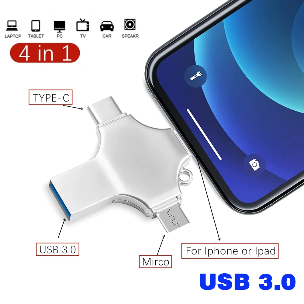 4in1 USB 3.0 Flash Drive 256GB 128GB Rotatable Rose Gold Pen Drive for IPhone /ipad/PC /Mirco Interface Memory Stick U Disk 8GB: WHITE / 8 GB