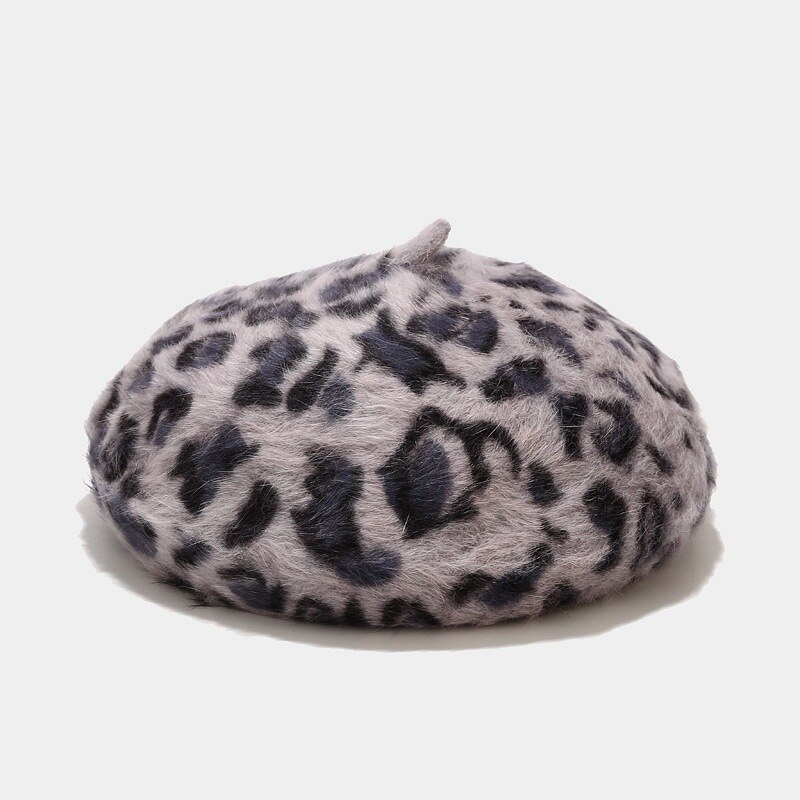 Boinas de leopardo con pelo de conejo peludo para mujer, sombreros de punto con estampado de animales, cálidos y acogedores, novedad, , invierno,: Negro