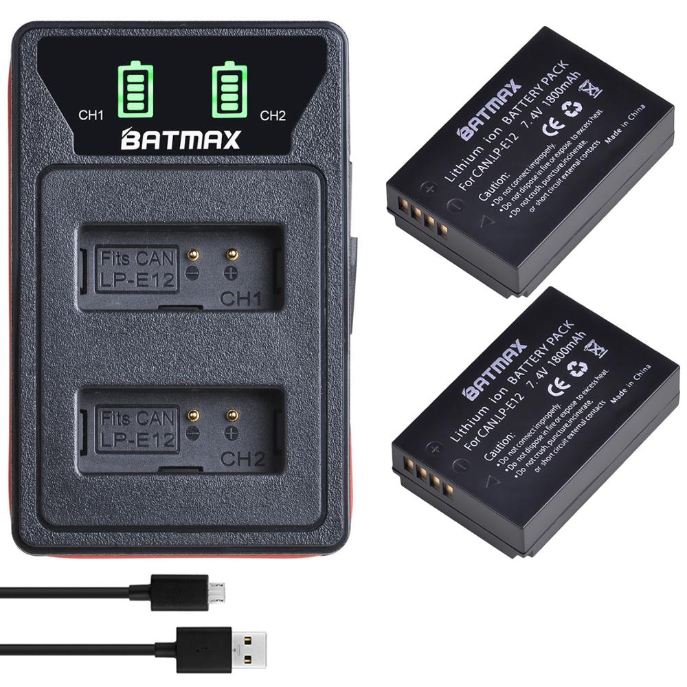 Batmax LP-E12 LPE12 Battery akku+LED Dual Charger with Type C Port &USB Cable for Canon EOS M50, EOS M100,100D Kiss X7 Rebel SL1