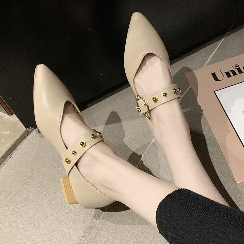 Vårstil kvinnor mary janes skor spetsig tå låga klackar klänning skor nitar pumps kontorsskor zapatos mujer 8013n: Beige / 7.5