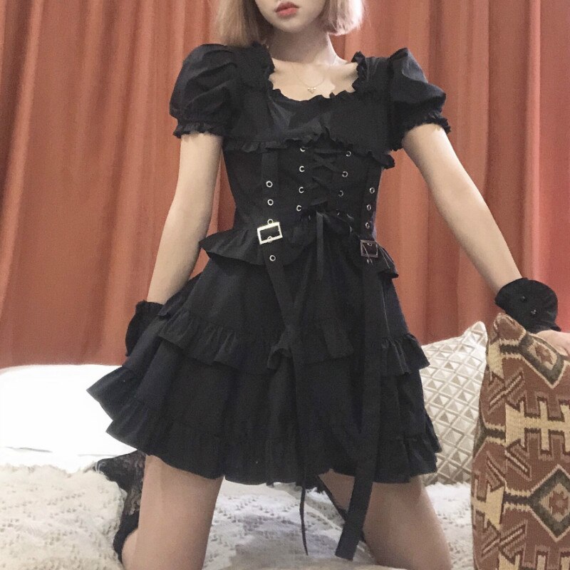 Vestido negro gótico de Lolita para mujer, prenda estilo Lolita, Victoriano, renacentista, Retro, Punk, manga abombada