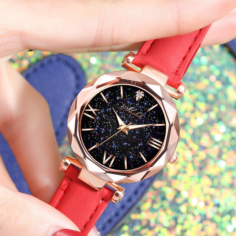 Women Watch Leather Band Ladies Quartz Wrist Watch Starry Sky Round Dial Roman Number Rhinestone Leather Band Watch