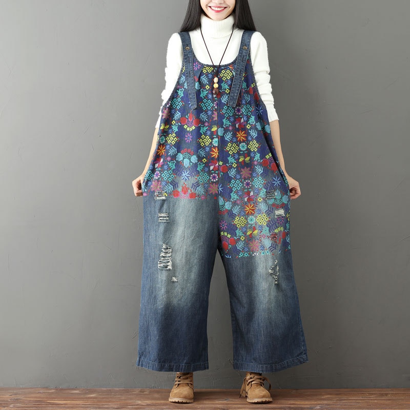 Helisopus-Mono vaquero Vintage con estampado de flores para mujer, peto con agujeros rasgados de talla grande, peto de piernas anchas, Peto vaquero con entrepierna caída