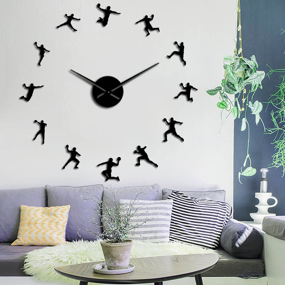 Reloj gigante de pared DIY, decoración deportiva para habitación de adolescentes, Bola de mano, pegatinas de espejo de silueta acrílica, Bola de mano