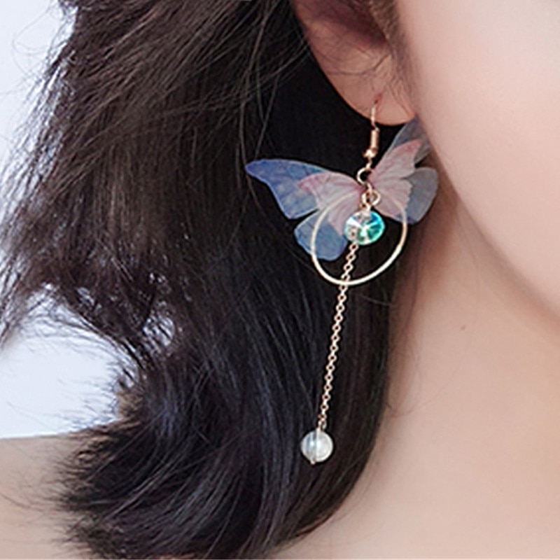 Koreaanse Retro Asymmetrische Vlinder Imitatie Parel Oorbellen Ronde Bloem Lange Verklaring Vleugels Oorbellen Sieraden