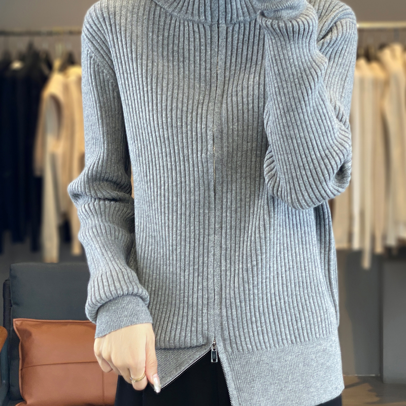 Talvi naisten neuleet kashmirvillainen neuletakki korkea kaulus pitkähihainen tuplavetoketjullinen lämmin pehmeä perustoppi: Xl / Harmaa