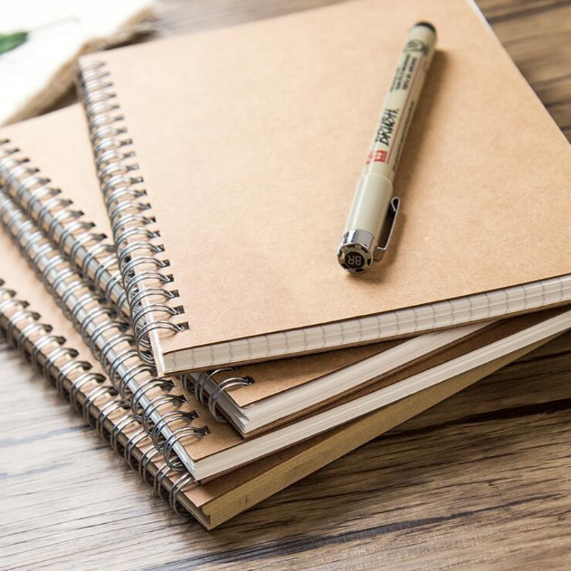 EZONE 16/32K Coil Kraft Paper Notebook Sketchbook Grid Square Line Paper Blank Pages Notebook Student Exercise Book 100 Pages