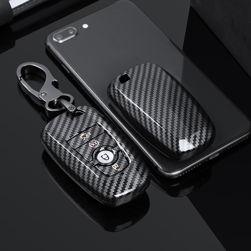 Carbon Fiber ABS Car Key Case For Ford Mustang EcoSport 3 4 Buttons Smart Remote Fobs Shell Cover Keys Bag Keychain Auto: 4 Button Gold