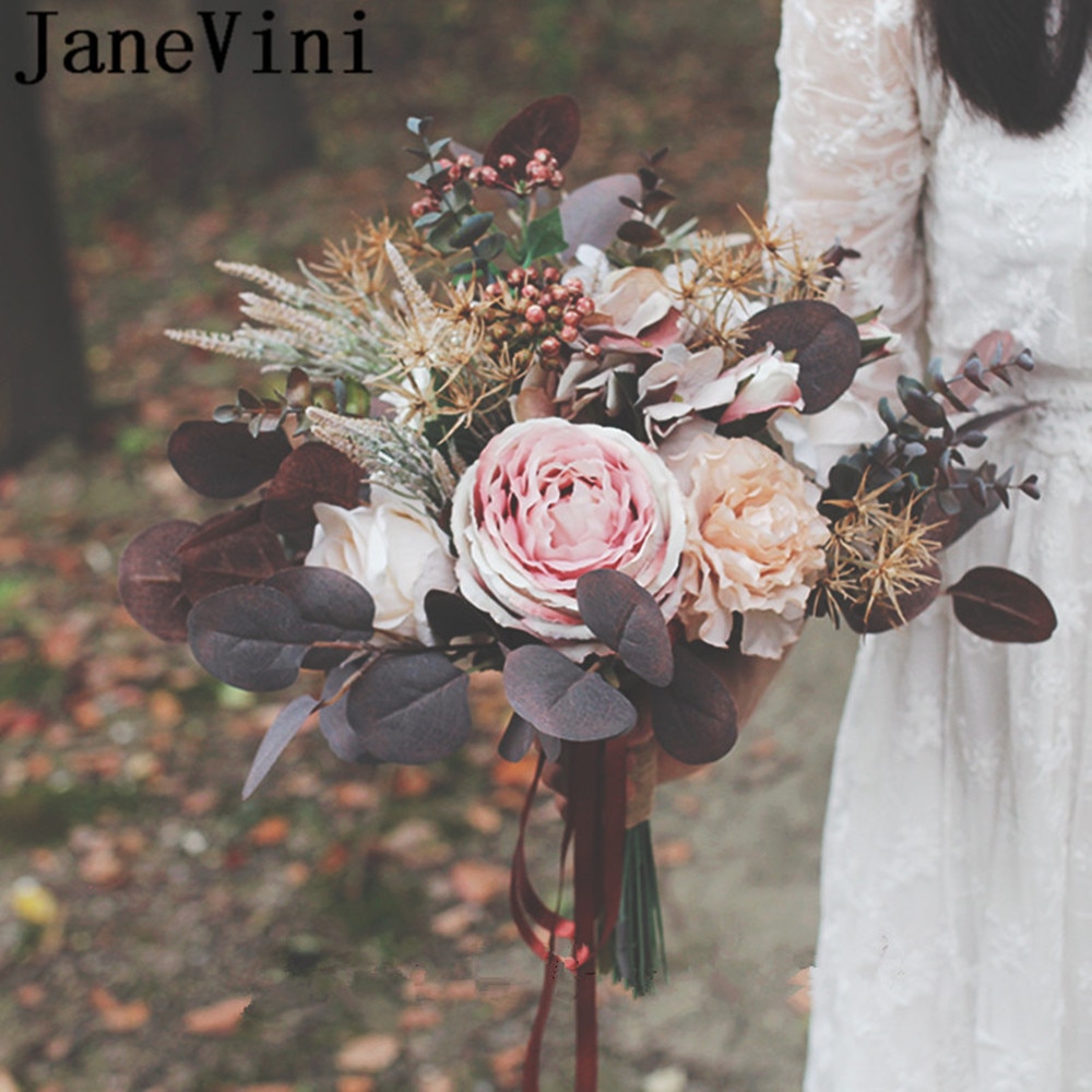 Janevini tappning höst bröllop bukett ramo konstgjord brud choklad silke pion europeiska hålla blommor bröllop tillbehör
