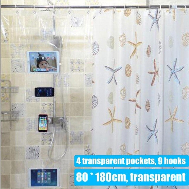 Waterproof Shower Curtain with Pocket for Touchscreen Devices Multi-functional Clear Shower Curtain Phone Tablet Holder Bathroom: Default Title