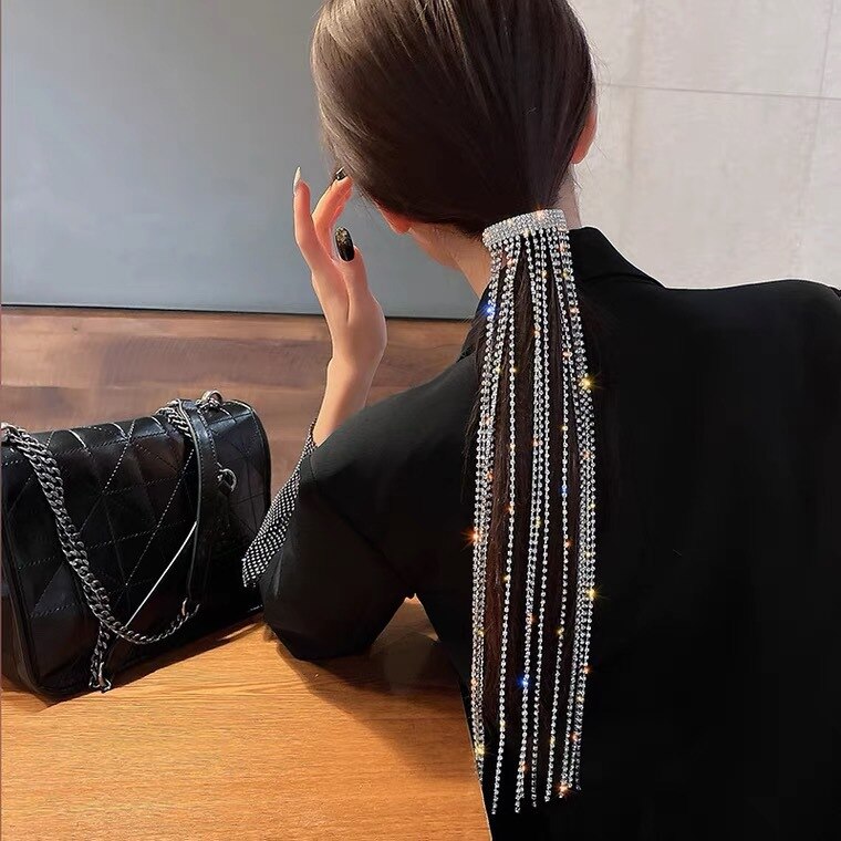 Style Shine Full Rhinestone Hairpins for Women Long Tassel Crystal Hair Accessories Wedding Banquet Jewelry: Default Title