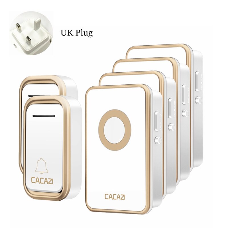 CACAZI Wireless Doorbell Waterproof 300M Remote 2 Battery Button 4 Receiver led light US EU Plug Home Cordless door bell chime: gold 2x4 UK