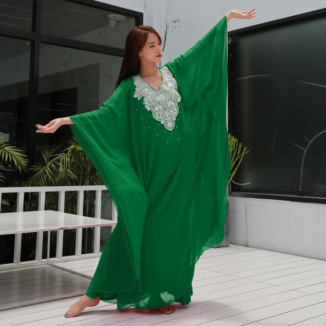 Ropa de baile para mujer ropa de danza del vientre vestido caftán con lentejuelas de gasa tradicional Khaleeji Thobe vestidos: Green