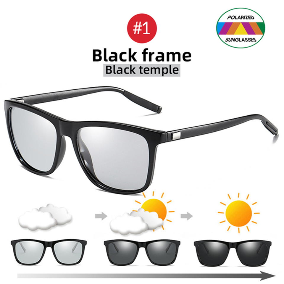 NONOR Color Change Grey Frame Photochromic Polarized Sunglasses Men Square Classic Chameleon Glaases Transition Lens Eyewear: green / green