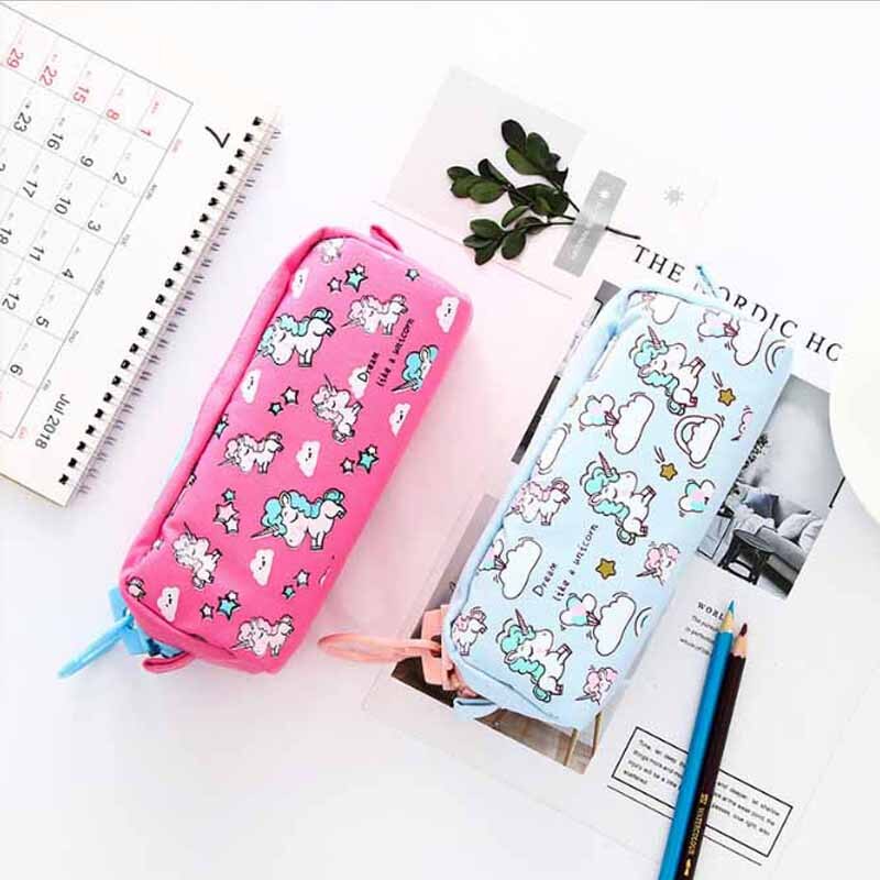Portefeuille pour enfants, trousse à crayons licorne, rangement, dessin animé, toile, grande capacité, jolie, grande fermeture éclair, pour étudiants