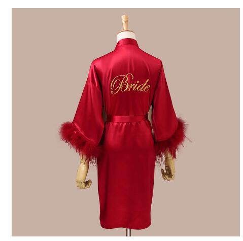 Vrouwen Veer Bruid Bruidsmeisje Robe Satijn Kimono Badjas Toga Nachtkleding Borduurwerk Brief Nachtjapon Lingerie: M / Beige