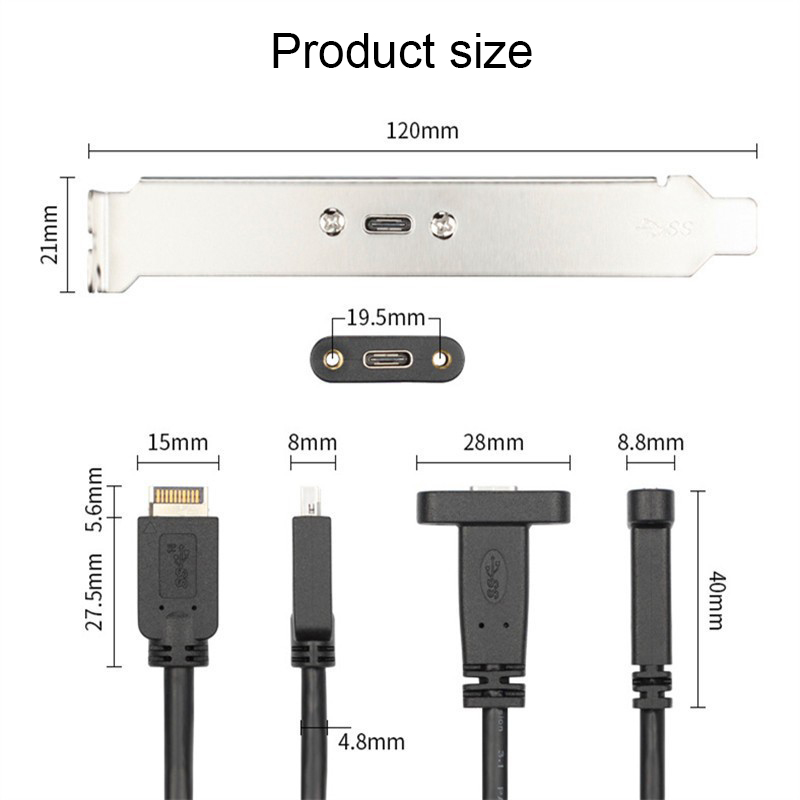 RGEEK 50cm USB 3,1 cabezal de Panel frontal tipo E a USB-C tipo C Cable de extensión de conector hembra + tornillo de montaje en Panel