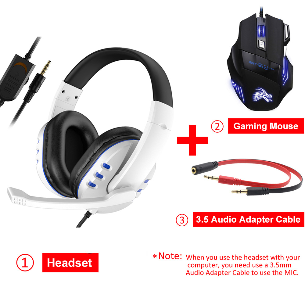 Auriculares estéreo para videojuegos, cascos con cable de 3,5mm para Xbox one, PS4, PC, con micrófono y Control de volumen: White Add MA