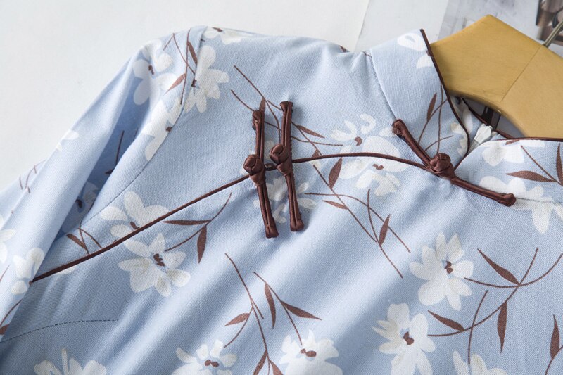 Sommer cheongsam ung pige blå hvid blomstret kjole i kinesisk stil