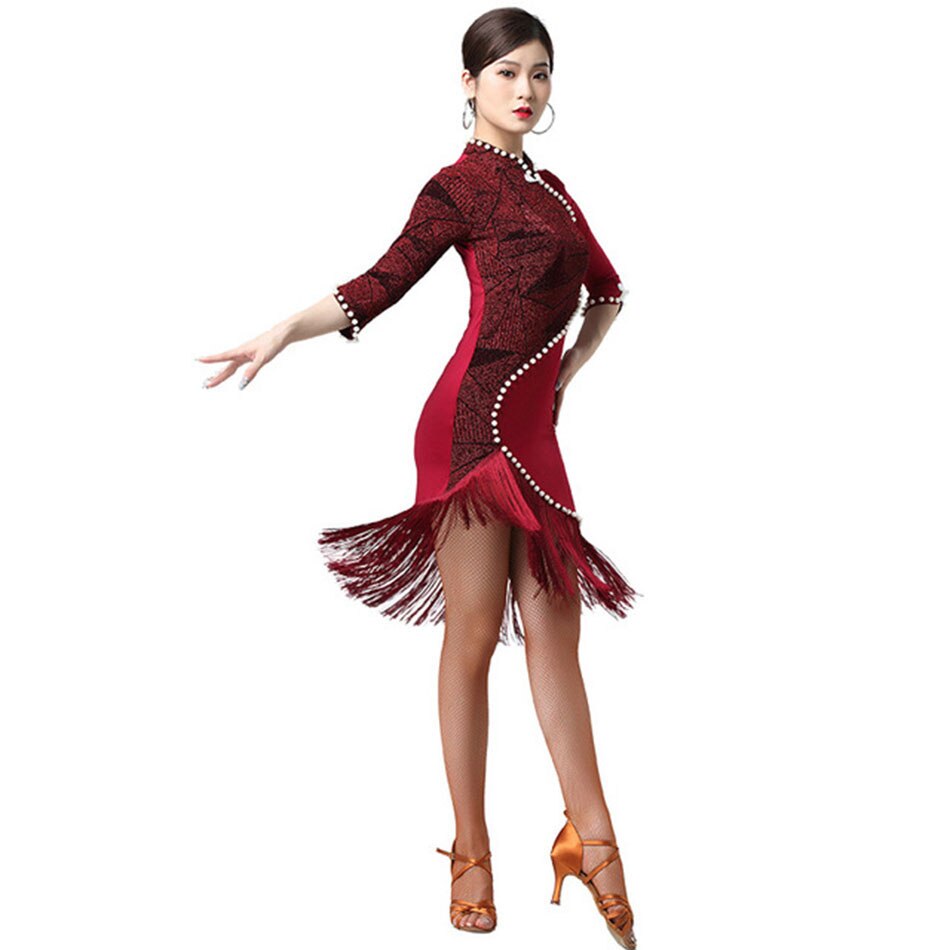 nueva 7014 de retales con borlas falsa perla de línea vestido de baile latino para mujer actuación de baile de salón de baile Samba Tango