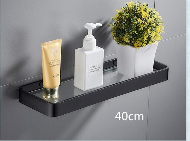 Badeværelseshylde bad bruser hylde søm fri glas hylde satin badeværelse hjørne hylde 25-50cm aluminium køkken opbevaring holder: 40cm sorte