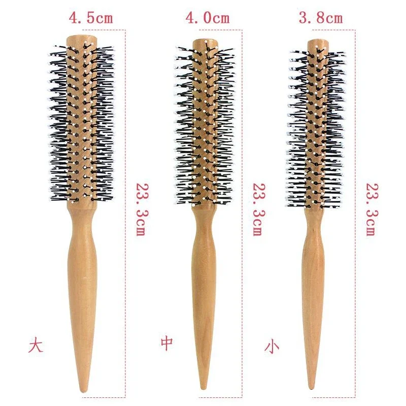 Mini cepillo redondo de nailon para hombres, peine para peinar el cabello rizado, peine rodante, cepillo redondo para cabello fino o corto con mango de madera
