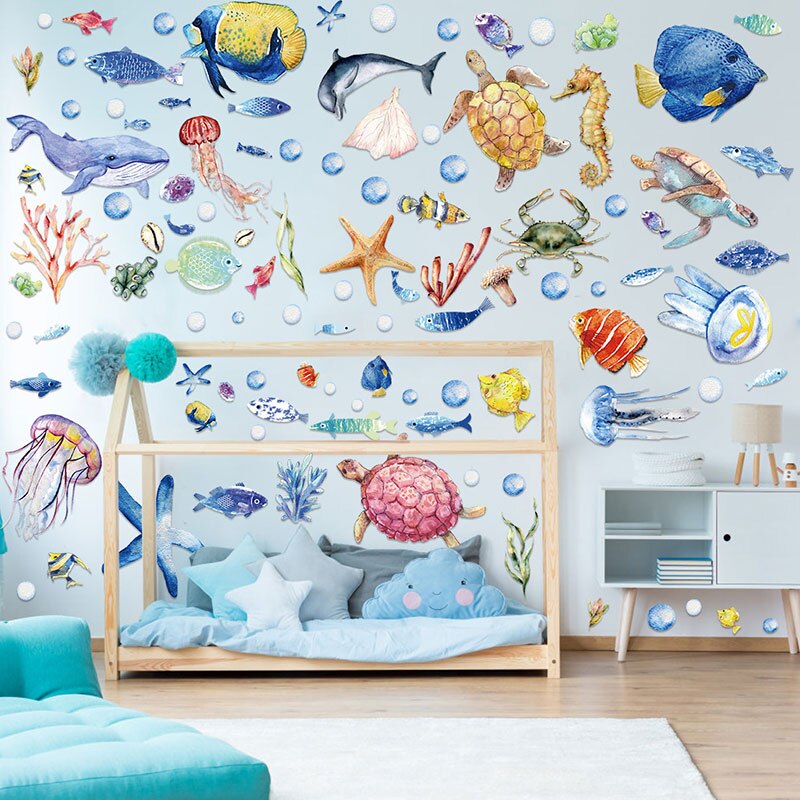 Pegatinas de pared de mundo submarino de dibujos animados para habitaciones de niños, decoración de pared de baño, tiburón, medusas, animales marinos, calcomanías de pared para decoración del hogar DIY