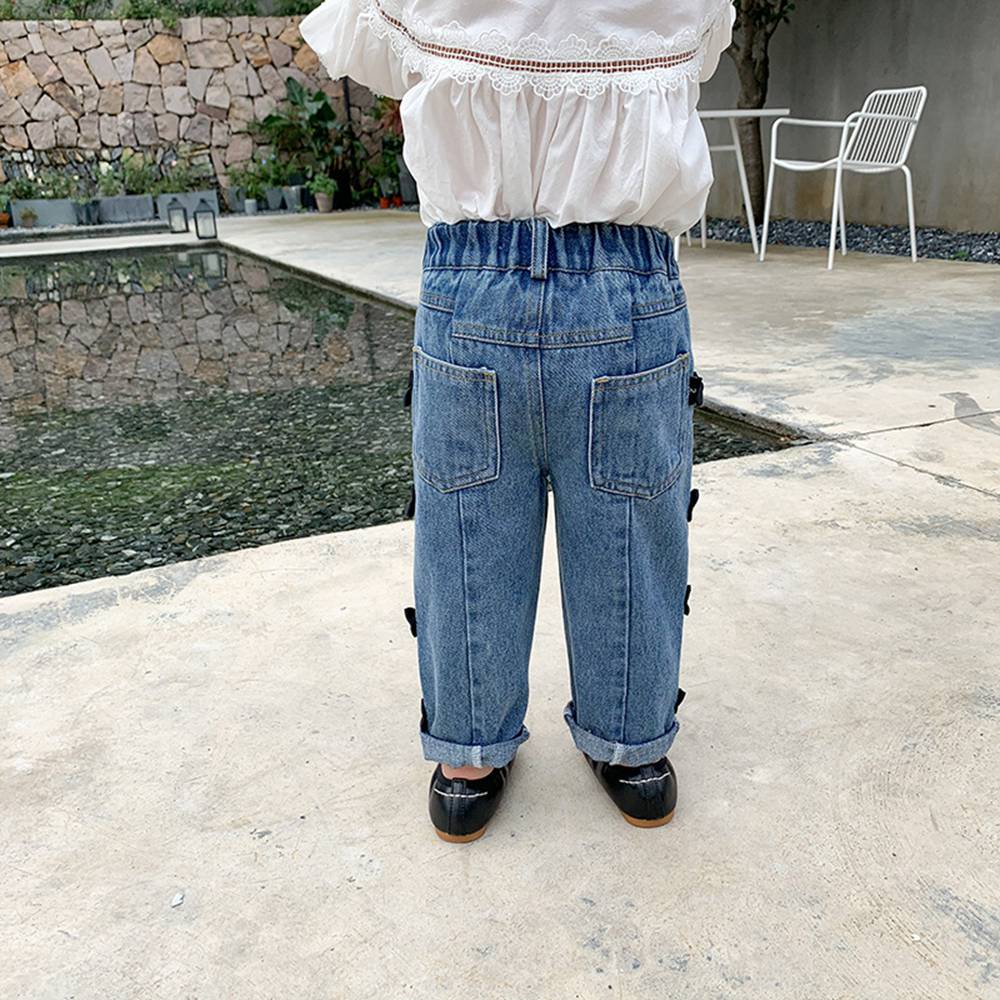 Pantalones vaqueros para niña y niño, pantalón vaquero con lazo para niño, Pantalón recto de princesa de estilo coreano, largo completo, S11307