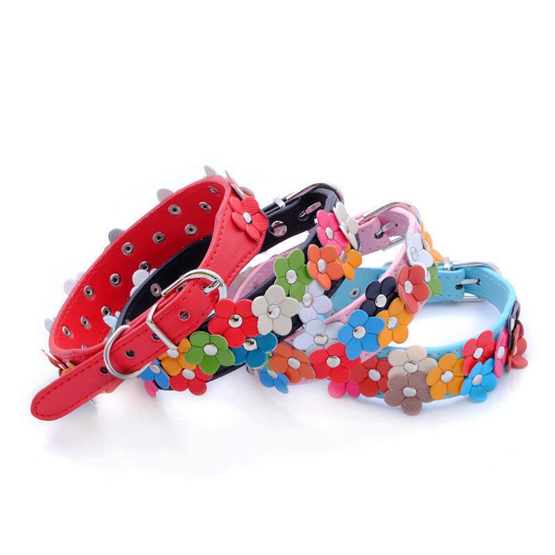 Colours Flower Studded Dog Coller Collar Pu Leather Pet Puppy Cat Neck Strap