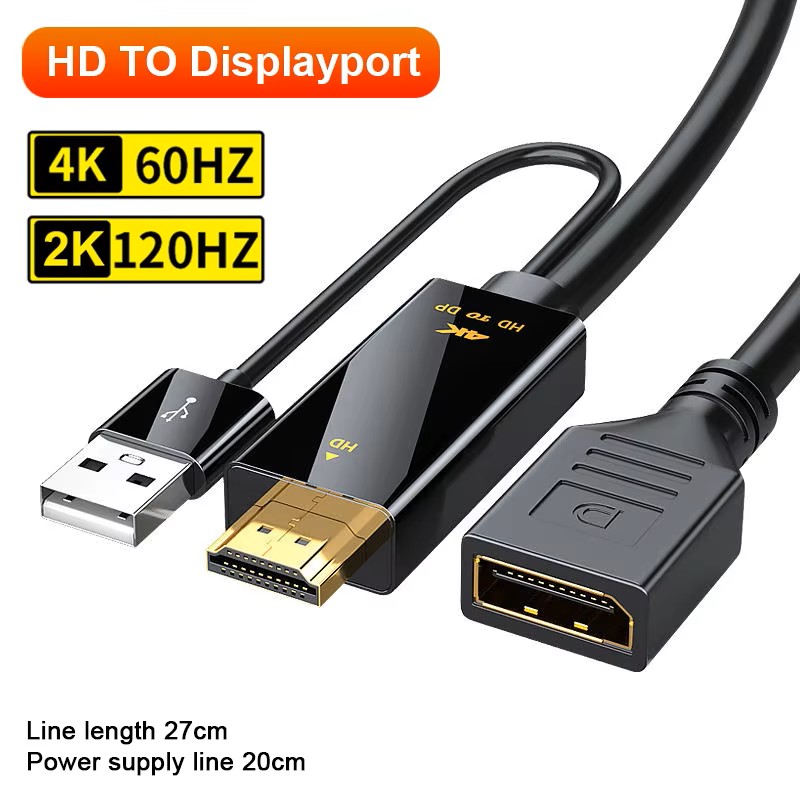 4K @ 60Hz HD naar DisplayPort Unidirectionele adapter met USB-netsnoer HDMI-compatibel naar DP-kabel voor pc Computer Game Monitor: Default Title