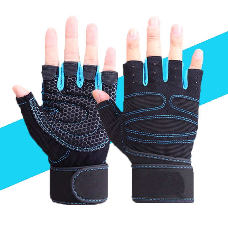 Weightlifting Gloves Men Women Gym Gloves with Wrist Wrap Support Body Building Fitness Exercise Crossfit Half Finger Gloves: Blue / M