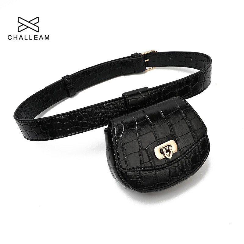 Women Crocodile Pattern Small PU Leather Waist Bag Female Heart Clasp Detachable Simple Mini Belt Bags Black Fanny Pack 389