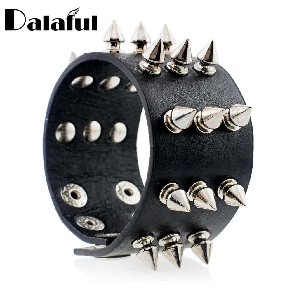Punk Gothic Rock Drie Rij Metalen Kegel Stud Spikes Rivet Lederarmband Bangle Brede Manchet Armband S158